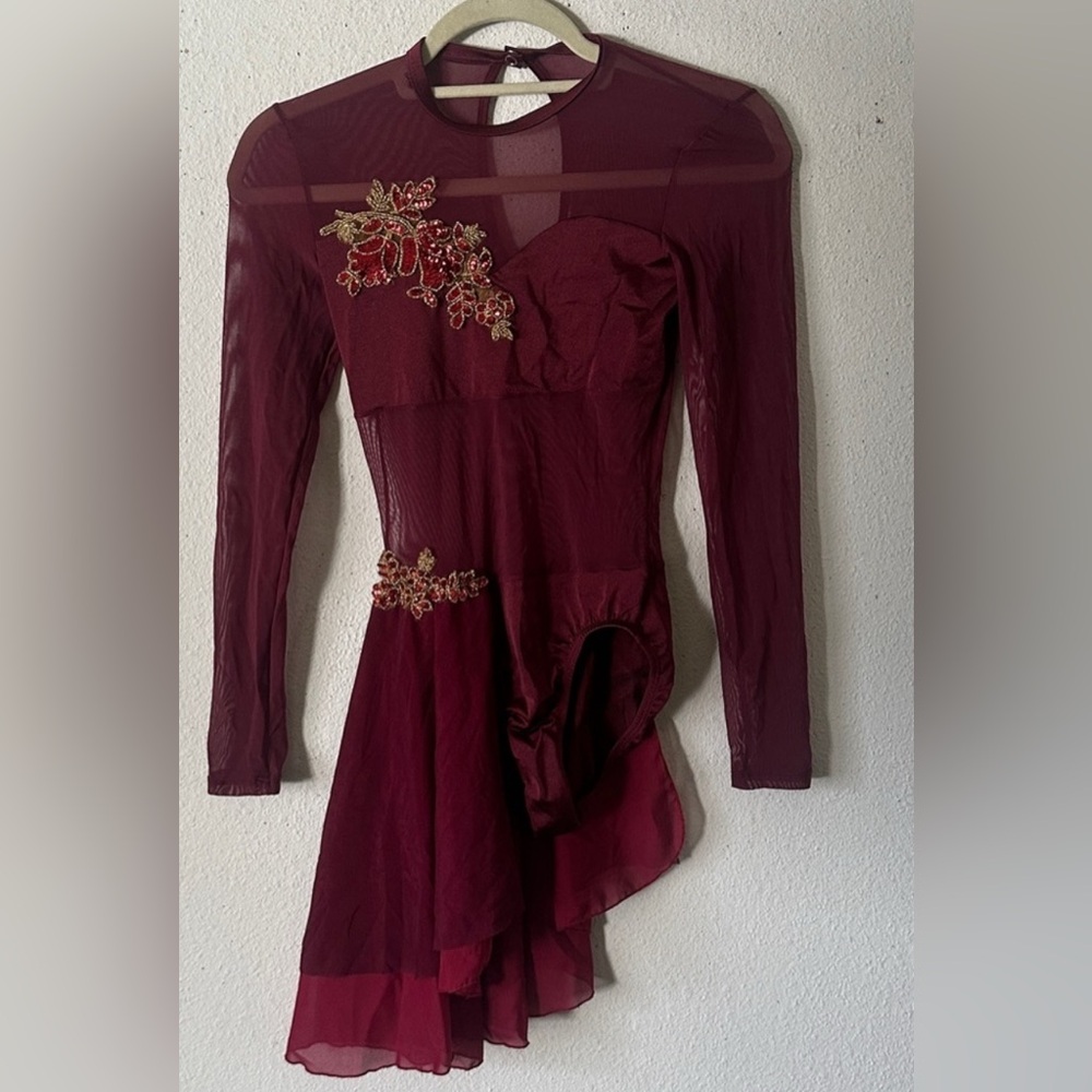 Body Wrappers Maroon Dance Dress with Metallic Accents